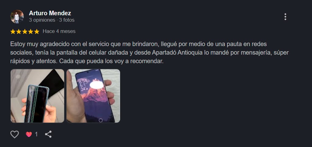 Opinión de cliente sobre reparación de iPhone en JM Reparaciones Medellín